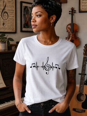 White Music Tee Womens L Heartbeat Treble Clef Graphic Singer Choir Cotton